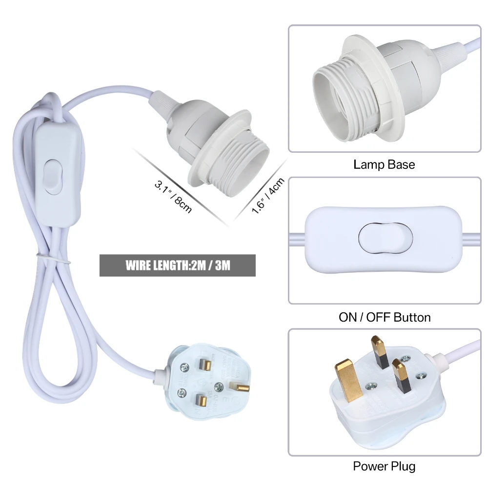 Ceiling Pendant Light Fitting E27 Screw Lamp Holder with Switch Suspended & Lock Ring for Shade 2 Core Extension Cable UK Plug
