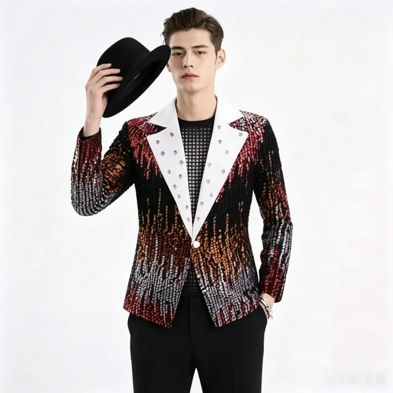 Men Colorful Gradient Sequins Fashion Blazer Gradient laser tinsel Sequins suit Masculino Men Stage Singer Costume Shiny Blazers