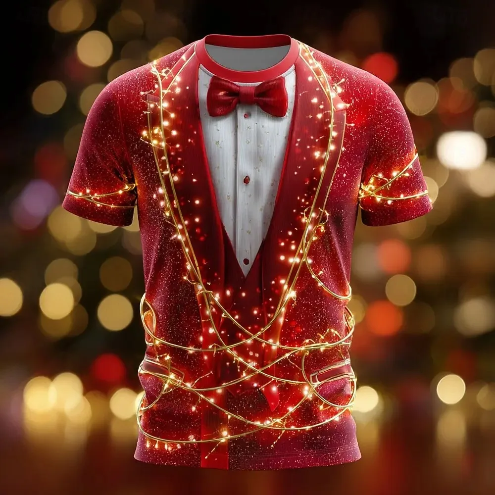 2025 Navidad Ropa de Navidad para hombres Camiseta de frac Camiseta de manga corta Camisa de cuello redondo impresa en 3D Vestido de fiesta diario