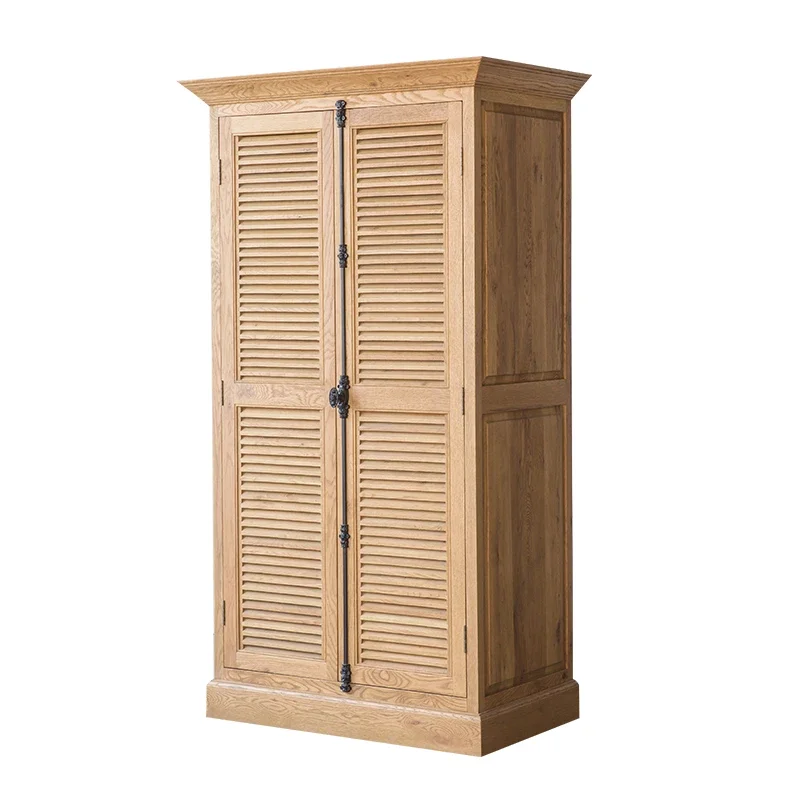 Special Oak Simple American French Country Solid Wood Double Door Heaven and Earth Lock Louver Locker Large Capacity Wardrobe