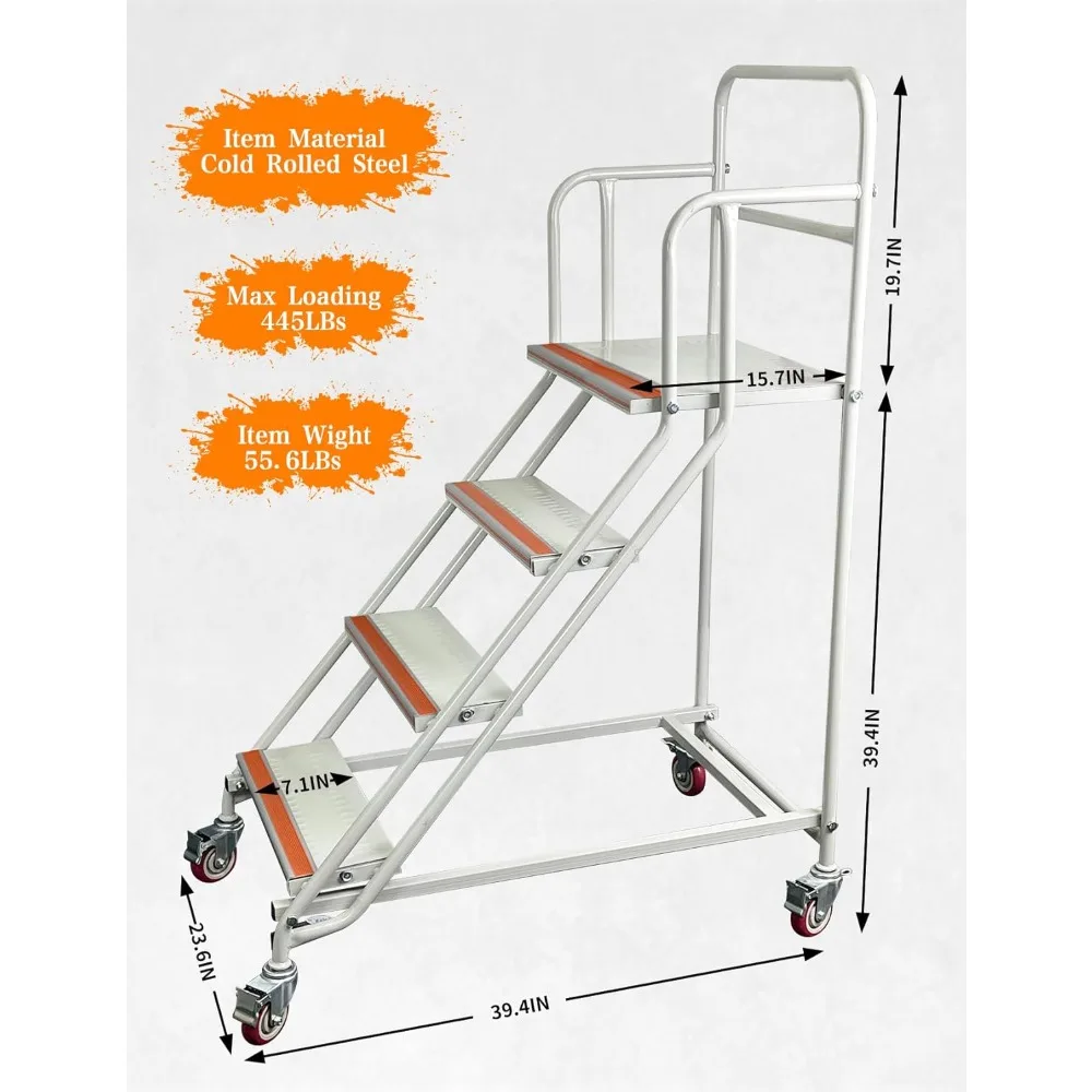 4 Steps Ladder with Wheels, Industrial & Warehouse Step Ladder, Rolling Steps Ladder with Vinyl Stair Edge Protector