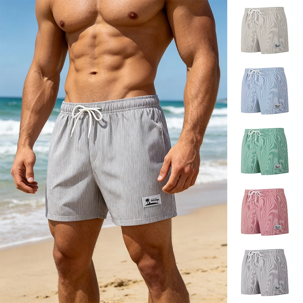 Men's Toothpick Strip Solid Color Beach Shorts Quick Drying Breathable Summer Casual Fashion Running Fitness Sports Shorts