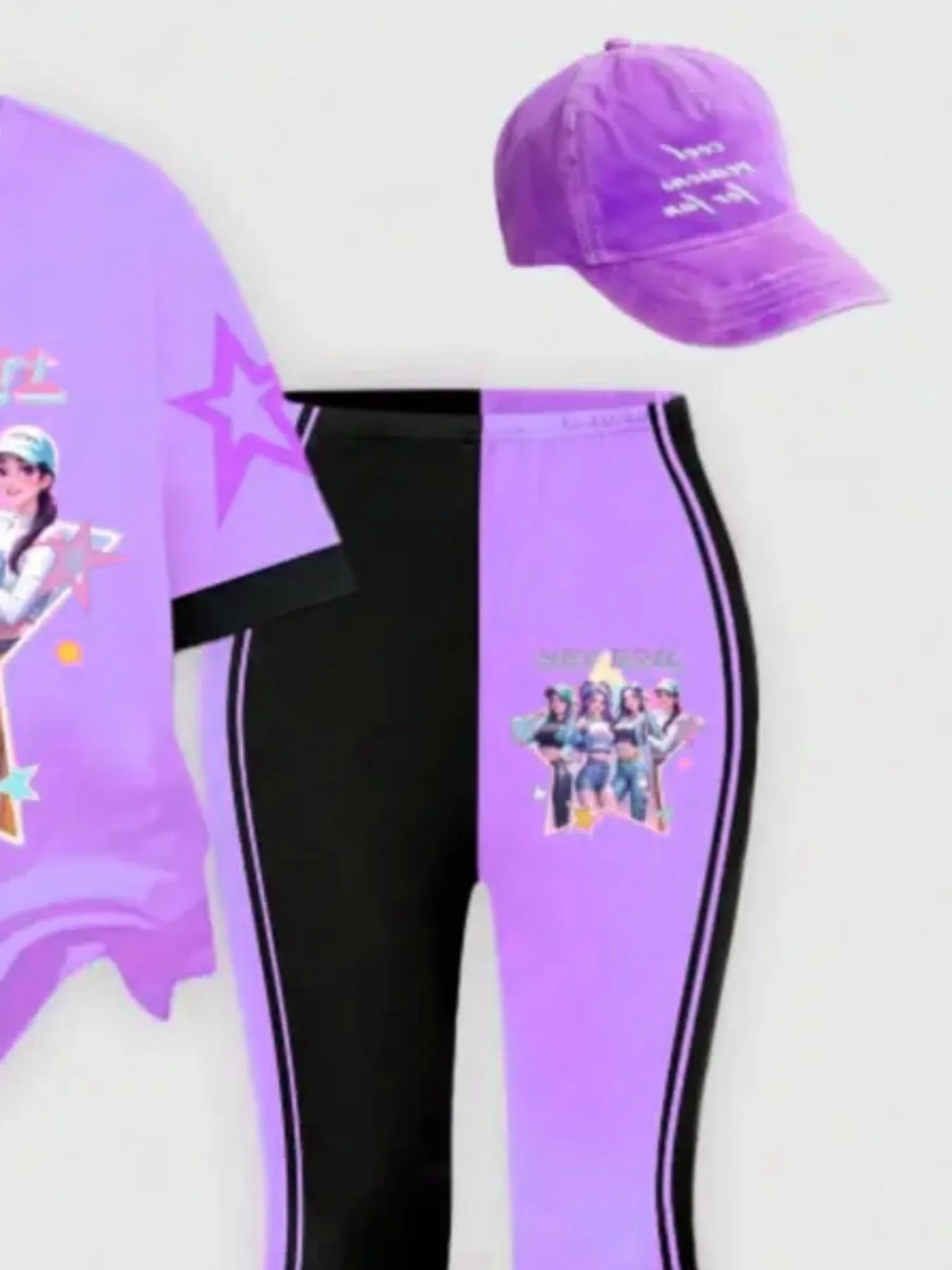 Trendiges 2-teiliges Y2K-Freizeitoutfit für Mädchen, schwarzes, lila T-Shirt mit Cartoon-Grafikdruck, gestreifte Schlaghose mit Sternen-Dekor für S – Detail 5