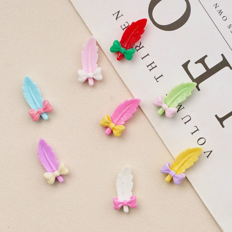 20Pcs Kawaii Cartoon Bow Tie Feather Resin DIY Shoes Hat Icebox Barrette Mobile Phone Case Scrapbook Cream Glue Flat Back Resin