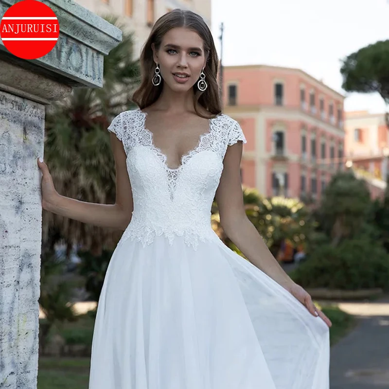 

Wedding Dress V-Neck Cap Sleeve A Line Boho Simple Bridal Gowns Vestido De Noiva 2022 Elegant Tulle Bride Dresses