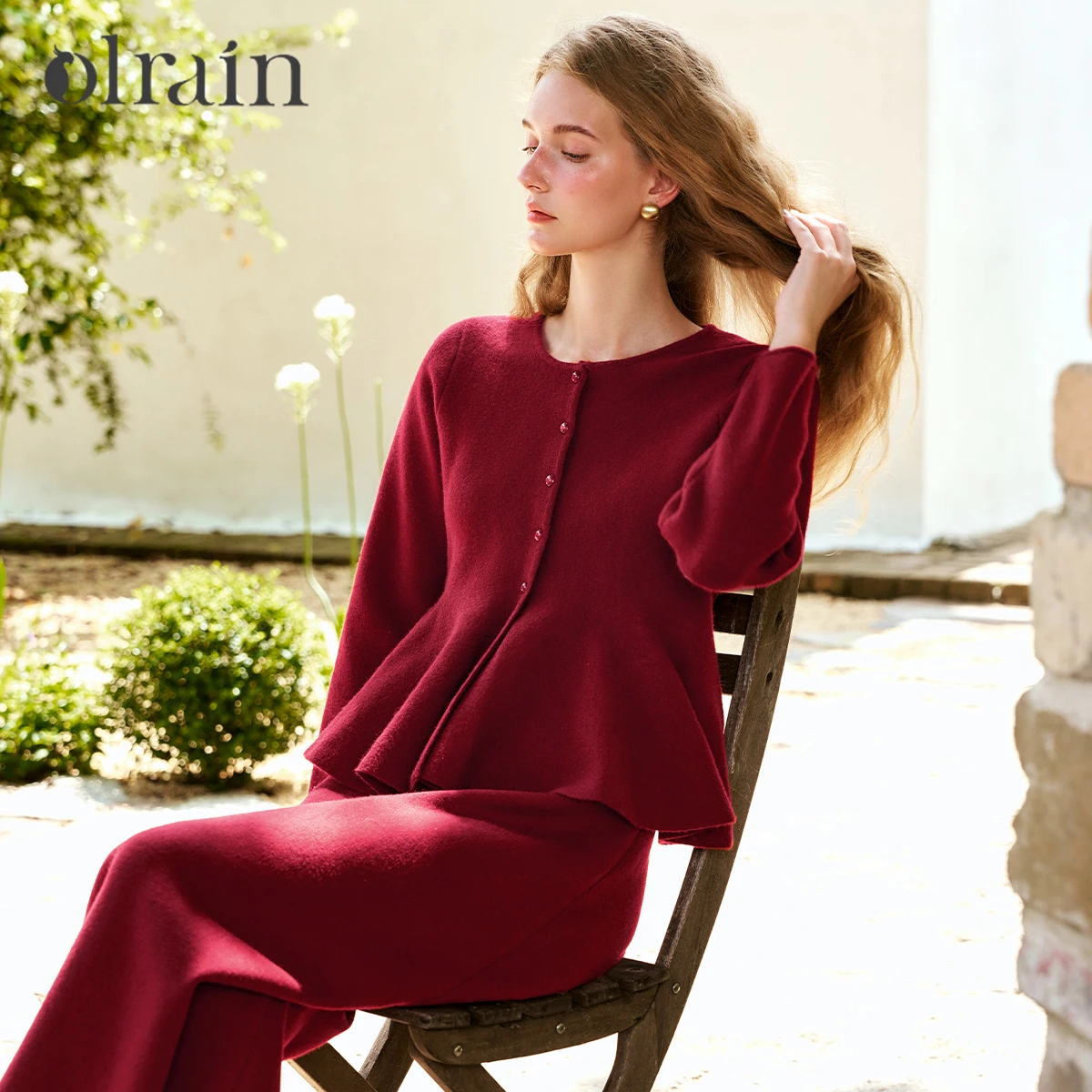OLrain Vintage Czerwone Komplety Spódnicowe Wiosna 2025 Falbany Eleganckie Bluzki Prosta Dzianinowa Długa Spódnica Damska Nowości w Zestawach N56QE88515