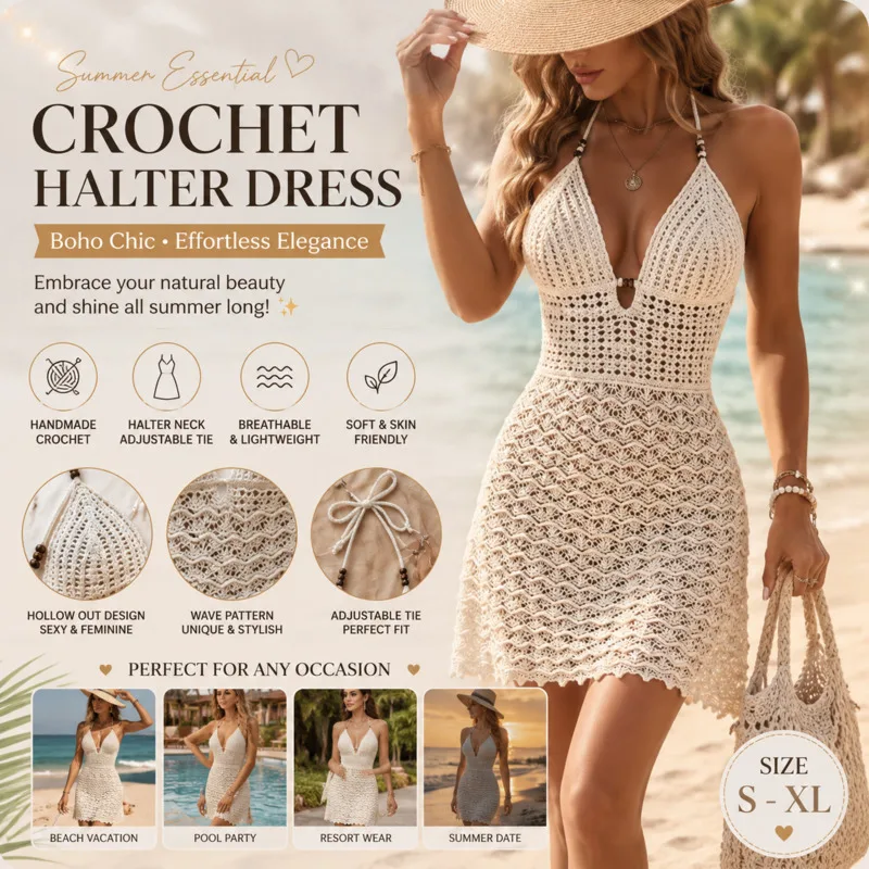

Women Bikini Beach Swimsuit Dresses Knit Beach Cover Up Dress Solid Color V Neck Hollow Out Cover Up Backless Bikini Beach Dress