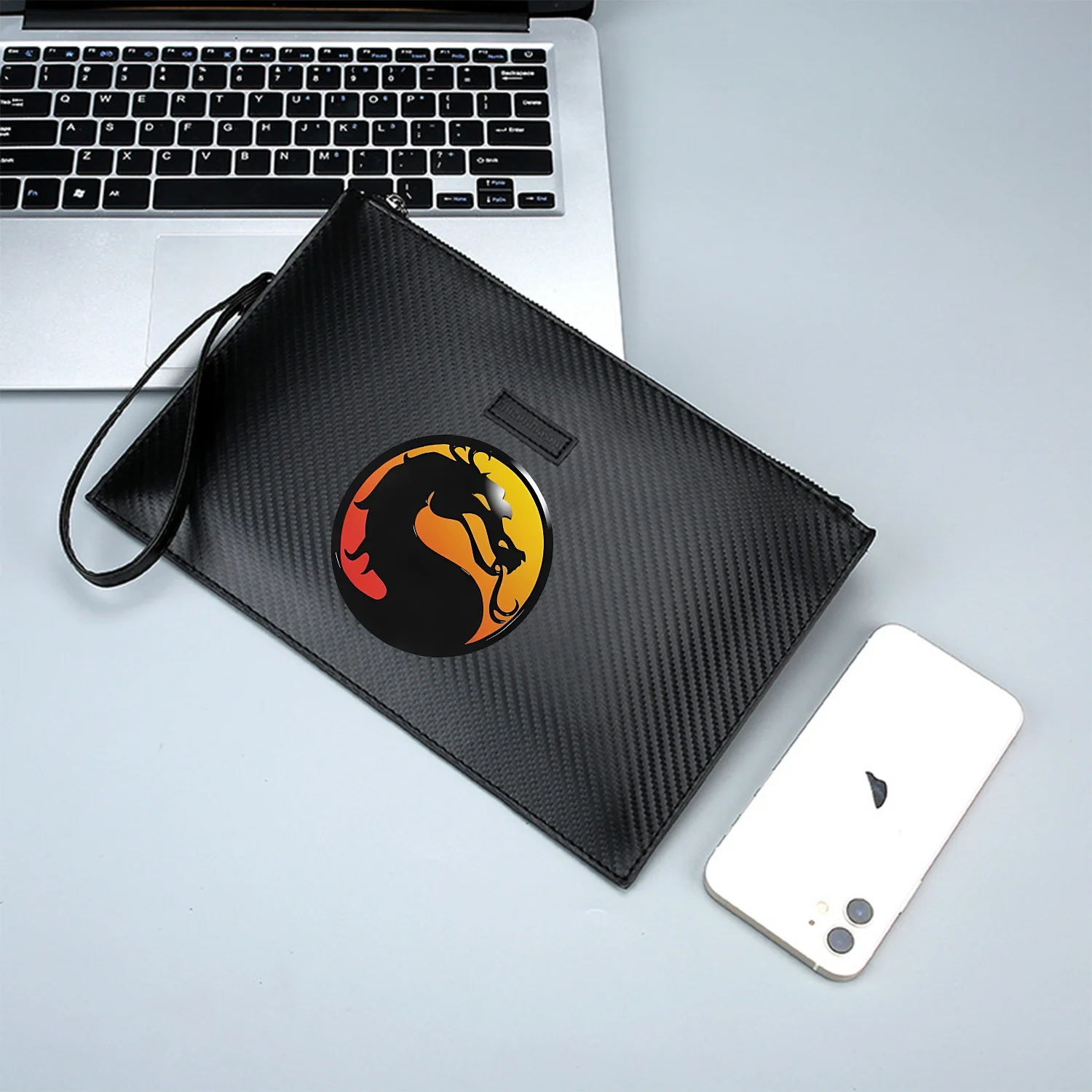 رمز التنين على شعار أسود أنيق مطبوع PU حقيبة يد رجالية عصرية وعملية للحمل اليومي #2