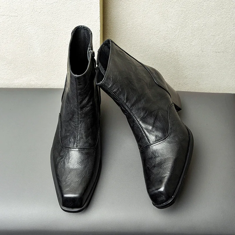 5 Cm High Heels Mens Warm Boots Luxury Genuine Leather British Style Handmade Winter Fashion Ankle Social Shoes with Height Man