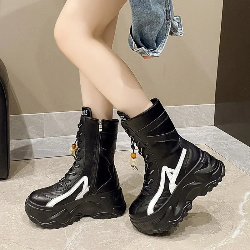 New Women 8CM Chunky Mid-Calf Boots 2025 Autumn Winter Beading Lace-up Zip Shoes High Platform Motorcycle Boots Leather Sneakers view 6