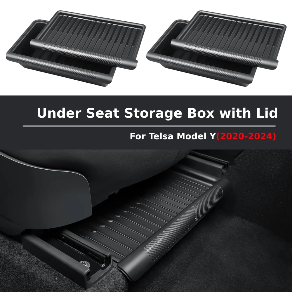 

2PCS Under Seat Storage Box for Tesla Model Y 2020 2021 2022 2023 2024 TPE Storage Tray Box with Lid Organizer Accessories