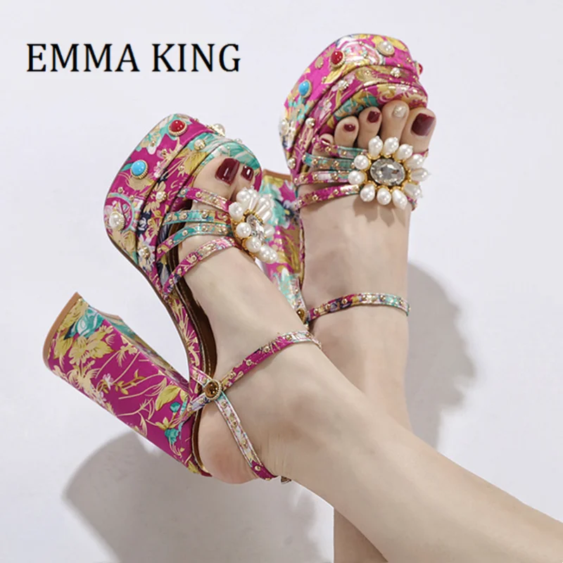 Women Embroidered Rhinestone Sandals Female Bling Flowers Jewelled Open Toe Buckle Ankle Strap Sandals Luxury Party Dress Shoes