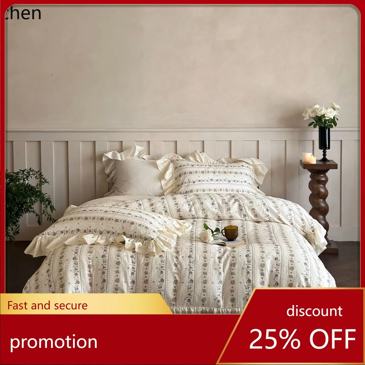 

YFY Double-layer gauze summer quilt four-piece set, French romantic ruffle lace pure cotton summer cool bedding set
