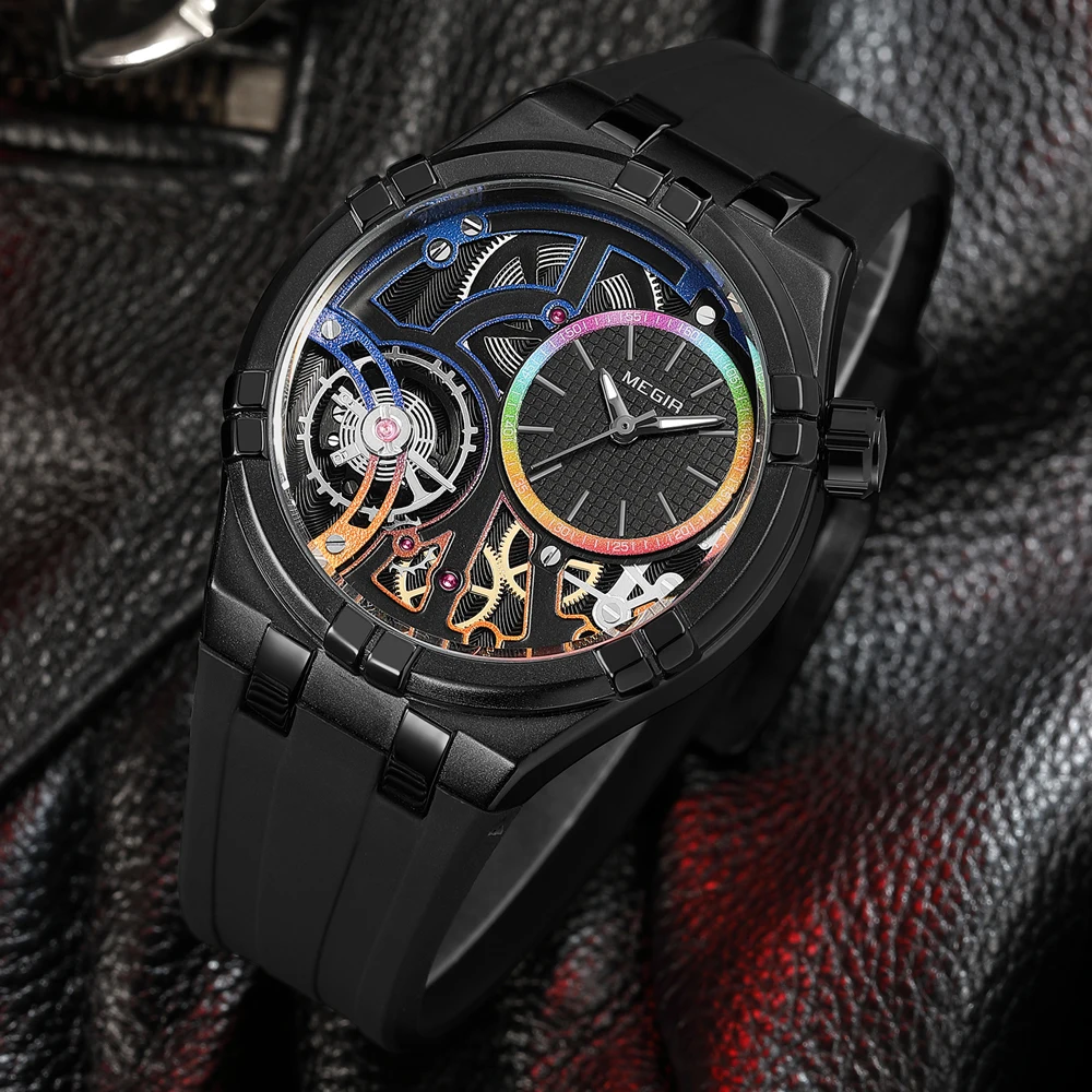 MEGIR Analog Quartz Watch for Men Silicone Strap Alloy Case Wateproof Luminous Men\'s Wristwatches Stereoscopic 3D Dial
