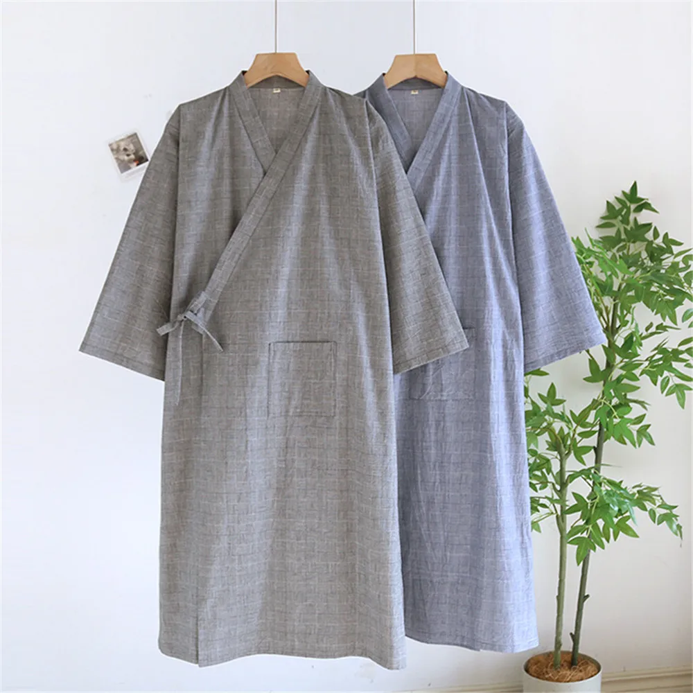 

Cotton Kimono Robes for Men's Spring Thin Plaid Printed Breathable Summer Pajamas Men's Bathrobe