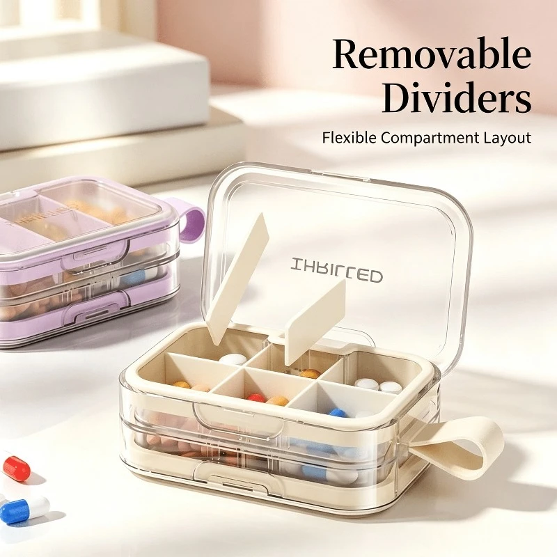 Double-Layer Compartmented Portable Pill Box, Weekly Pill Organizer, Mini Portable Pill and Vitamin Storage Box