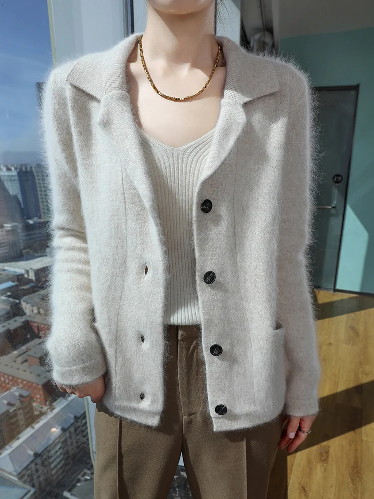 Mini Star Women Tailored Collar Sweater Cardigan Autumn Winter 100% Mink Cashmere Knitwear Soft Office Lady Style Thick Coat Top