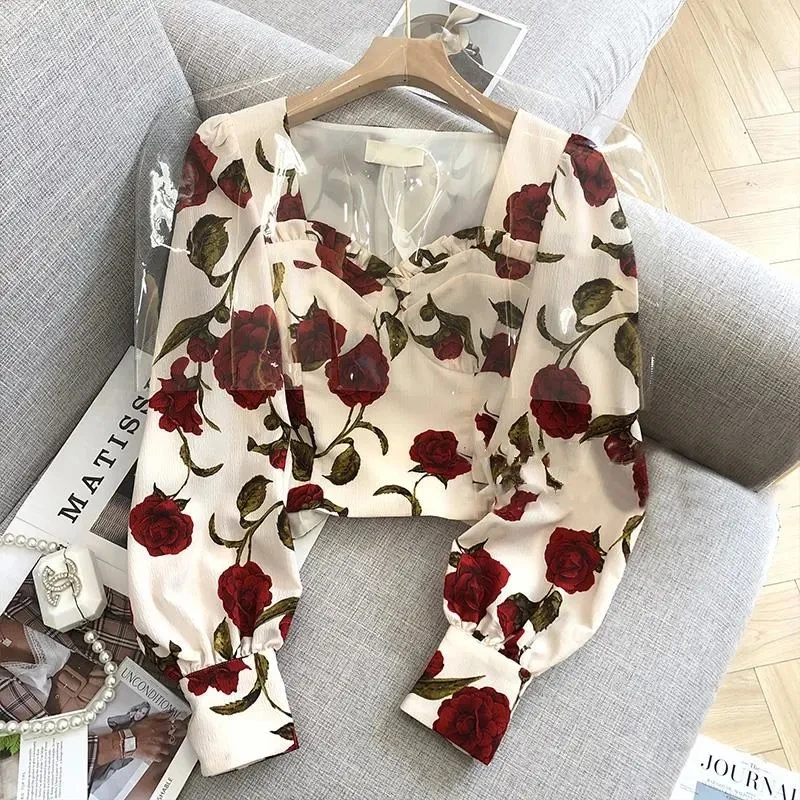 

Rose Floral Elegant Chic Square Collar Puff Sleeve Slim Fit Women's Blouse Shirt Female Clothing Tops Fashion Blouses Summer
