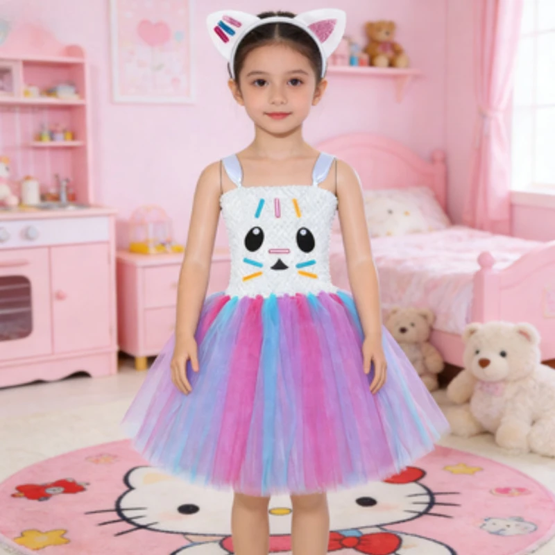 

Cartoon Kitty Costumes for Baby Girls Birthday New Year Ballet Tutus Outfit with Ears Hairbow for Kids Cute Cat Tutu Dress