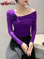 MadBlack European Clothes Tshirt Women Off Shoulder Flower Glitter Sequin Ruched Slim Mesh Top Long Sleeve Tees Spring T39448JM