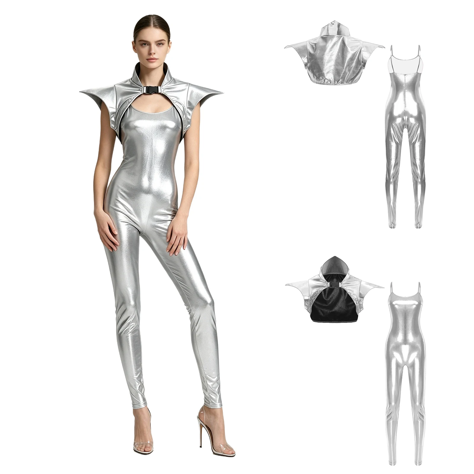 Womens Metallic Shiny Clubwear Party Romper Fly Sleeve Stand Collar Gothic Armor for Burlesque Cabaret Stage Performance Show