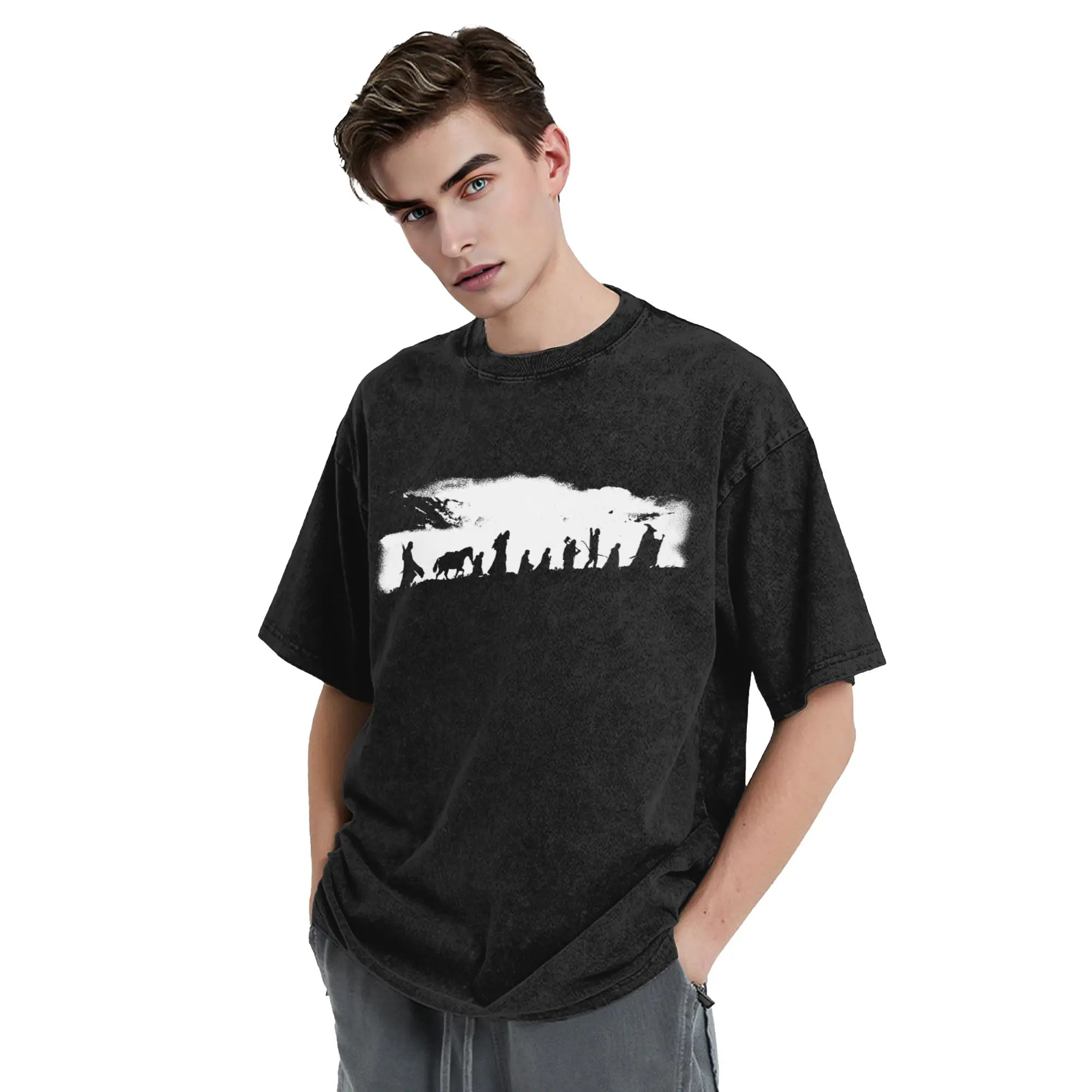 Washed T Shirts L-Lords R-Rings The Fellowship Vintage T-Shirt High Street  Streetwear Graphic Printed Tops Tees for Men Women