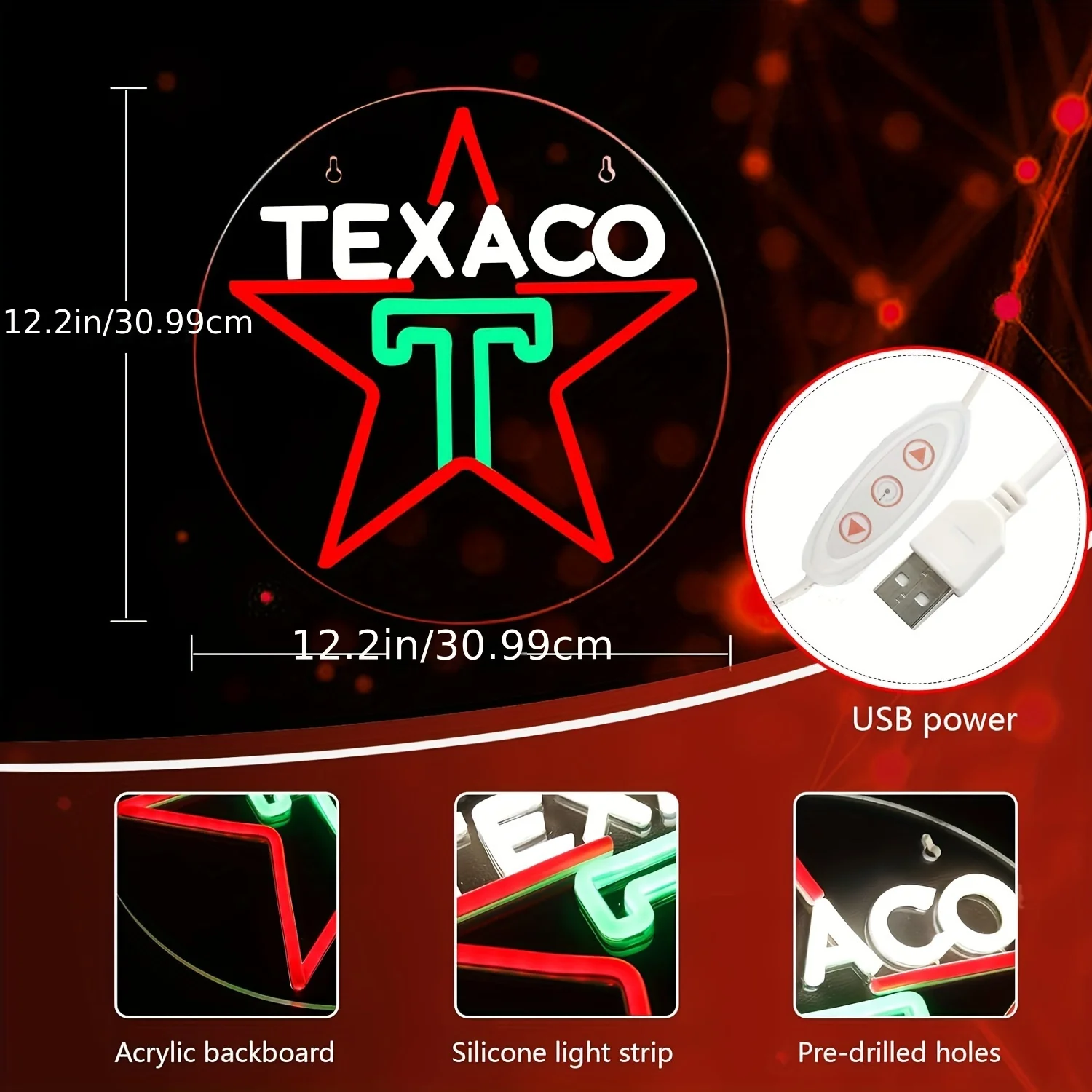 Texaco Star Neon Sign for Garage Decor, USB Powered LED Light Wall Hanging with Switch,Ideal for Man Cave, Bar, Lubricant Shop