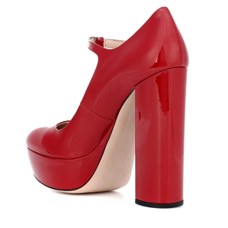 

Red Chunky Heels Pump Round Toe Patent Leather Ankle Strap Cutouts High Platform Women Wedding Dress Shoes Size45