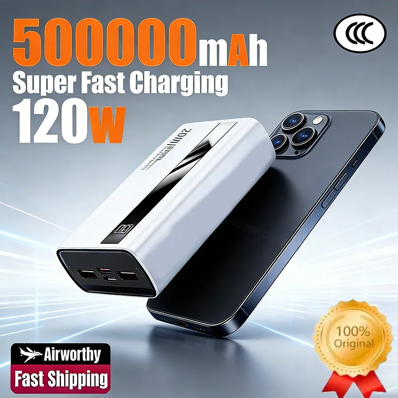 

Новый внешний аккумулятор 2026 года, 500000 мАч, с супербыстрой зарядкой 120 Вт, портативное зарядное устройство для iPhone и Samsung