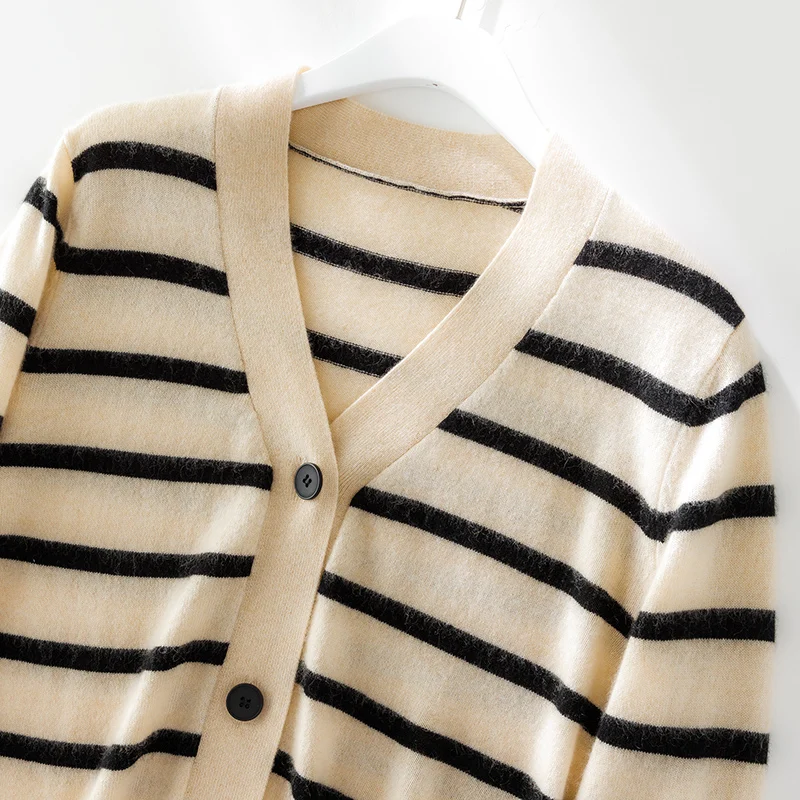 2023 New Women Stripe Cardigans  Autumn And Winter 100% Pure Cashmere Knitted V-Neck Female High Quality Standard Clothing