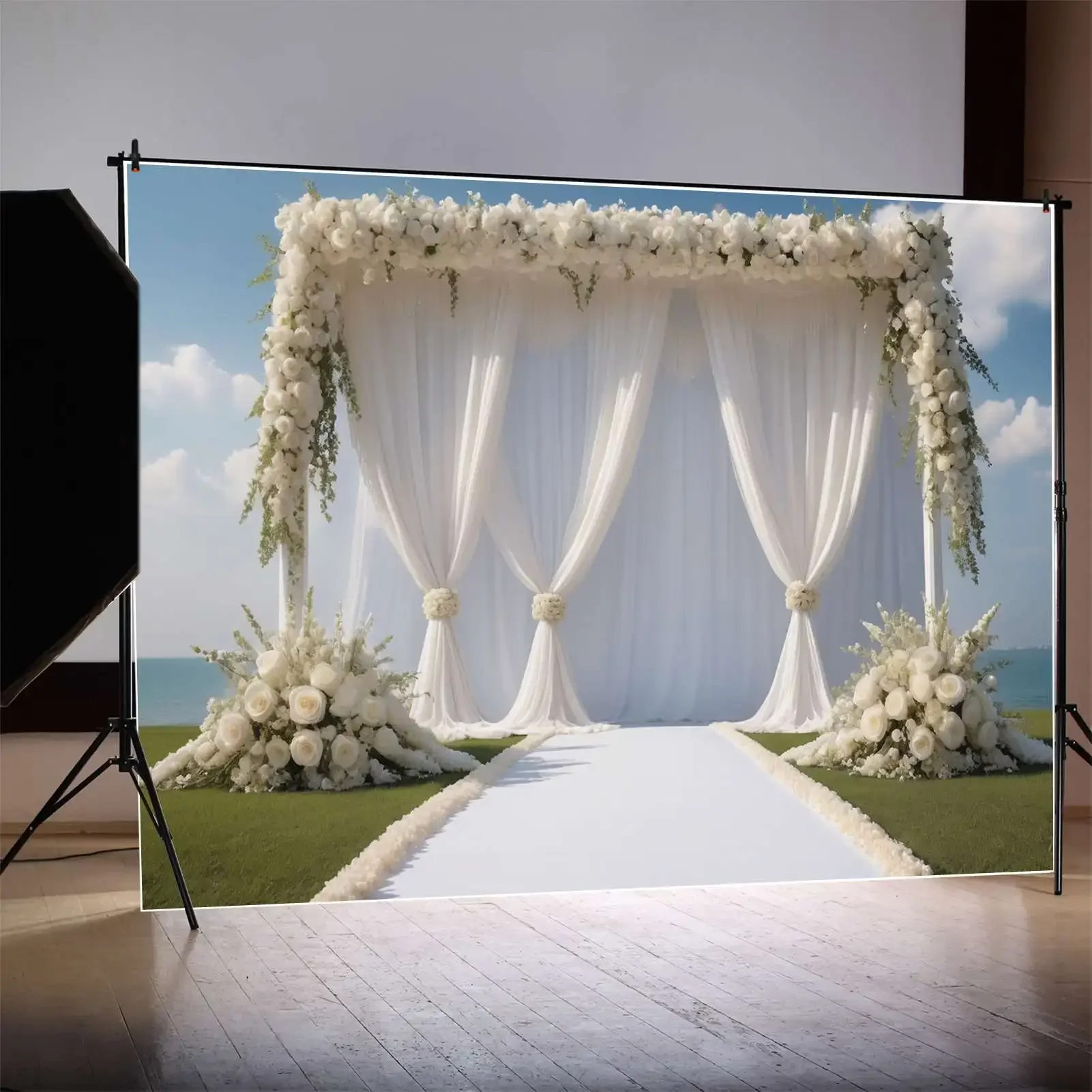 Mon.qg ฉากหลังสำหรับพิธีฤดูใบไม้ผลิสำหรับการถ่ายภาพสนามหญ้างานแต่งงานม่านฉากหลังรูปภาพงานปาร์ตี้ปรับแต่งช่อดอกไม้ขนนก