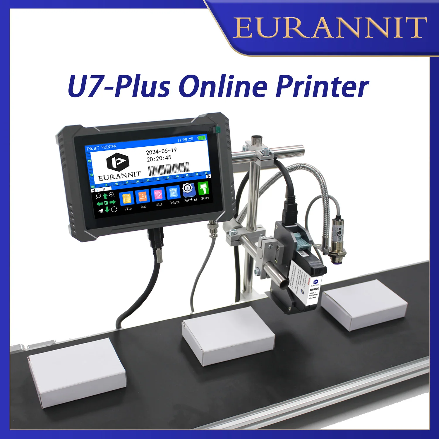 EURANNIT U7-Plus Industrial Online Inkjet Printer 12.7/25.4mm Thermal Inkjet Printer Text QR Code Barcode Logo Expire Date Coder
