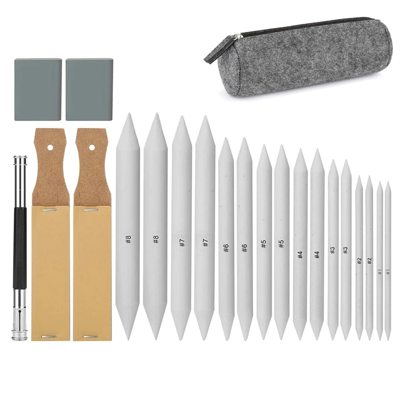 22 PCS Drawing And Sketching Tool Set: Includes 16 Blending Stumps, Dual Sandpaper Sharpeners, And Extension Tool