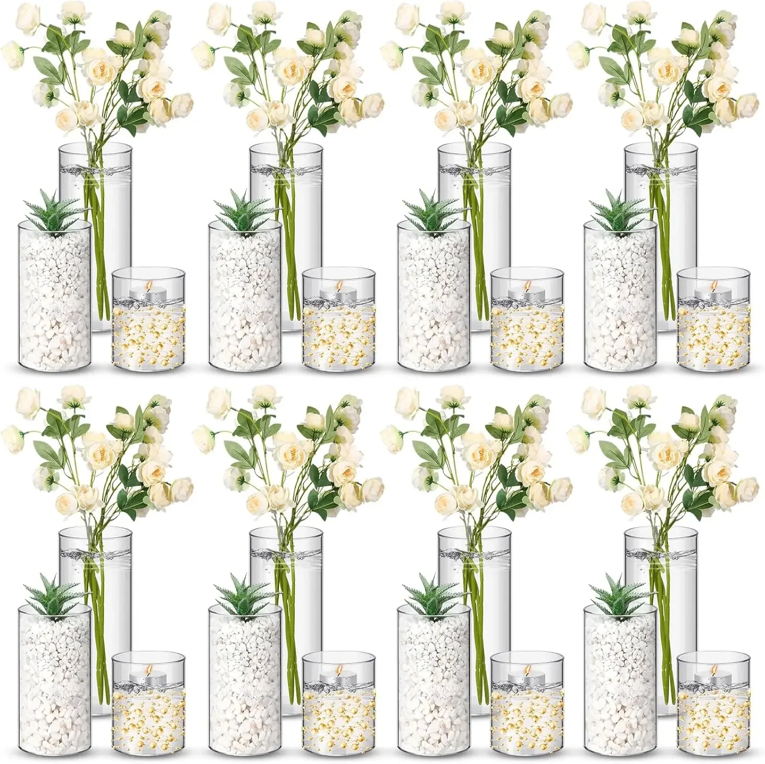 24 Clear Plastic Cylinder Vases for Centerpieces, Wedding Decor, and Candle Holders in 3 Sizes