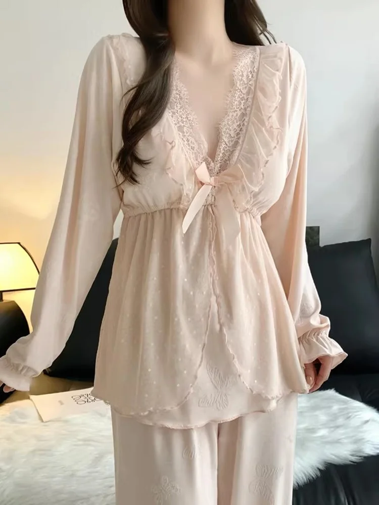 Sweet Princess Style Sleepwear with Chest Pad Long Sleeve V-Neck Home Clothes for Women Spring Autumn New Style Sexy Pure Desire