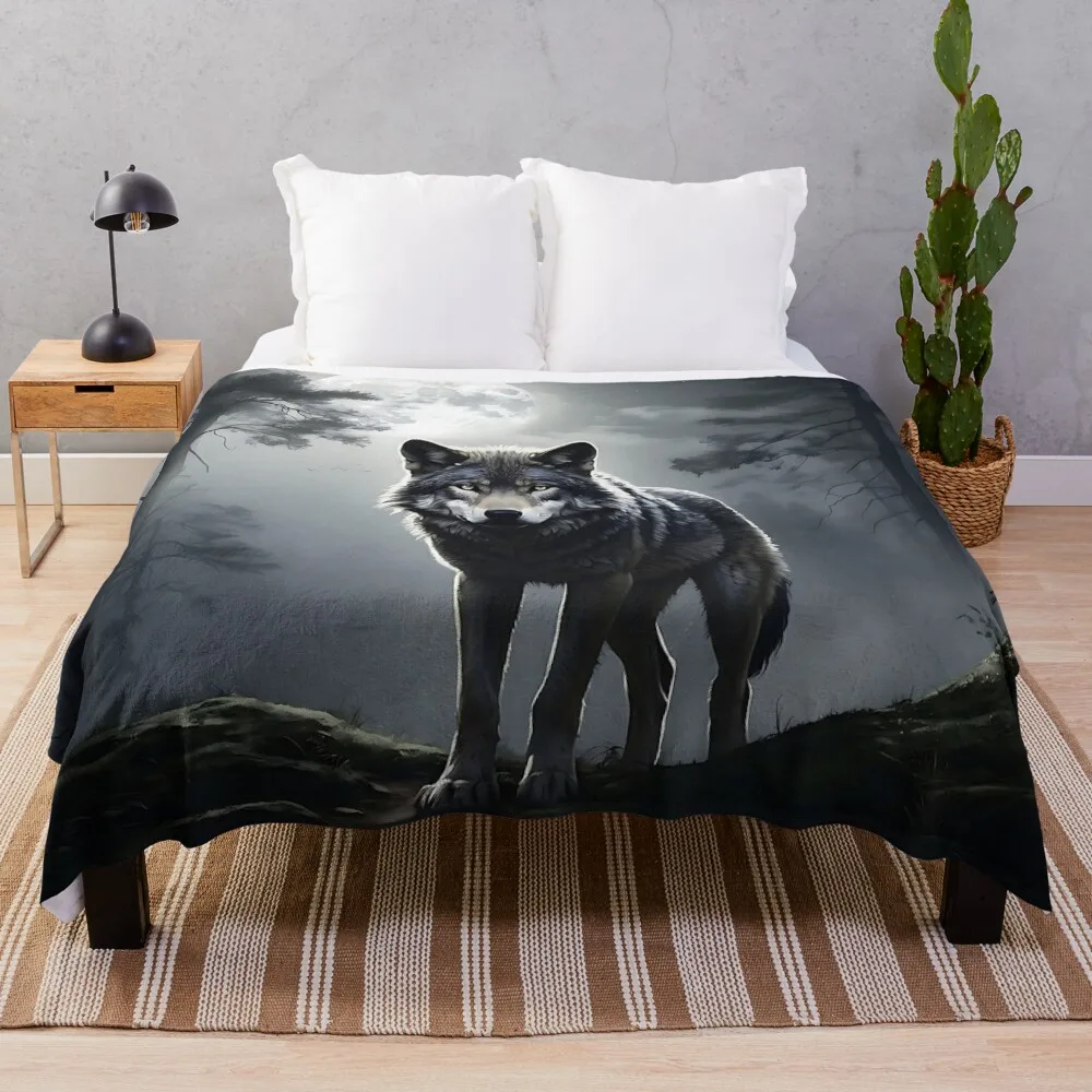 

Moonlit Guardian: Monochromatic Wolf Throw Blanket Travel Decorative Sofa Beautifuls Blankets