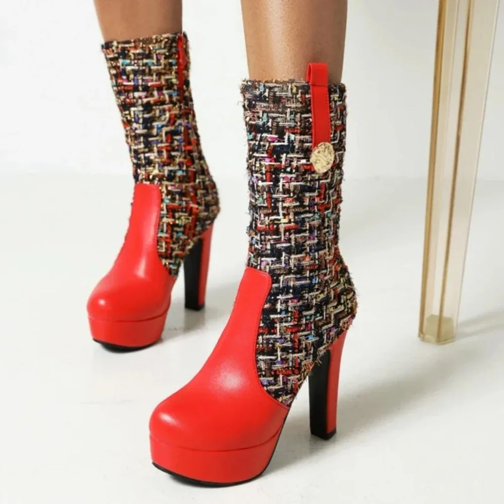 حذاء برقبة للركبة للنساء مصمم مثير موضة جولة تو عالية الكعب الجانب سستة منصة طويلة الأحذية حجم كبير 48 49 50 33-27 #4