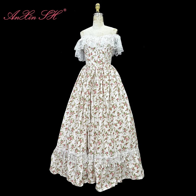 AnXin SH vintage princess white cotton pink rose ruffles flower lace handmade vintage dekolt w łódkę sznurowana spersonalizowana suknia wieczorowa