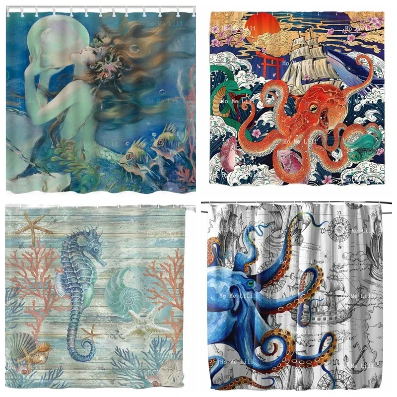 Asian Kraken Pirate Sailboat Sea Monster Mermaid With Pearl Seahorse Conch Coral Underwater World Vintage Anime Shower Curtain