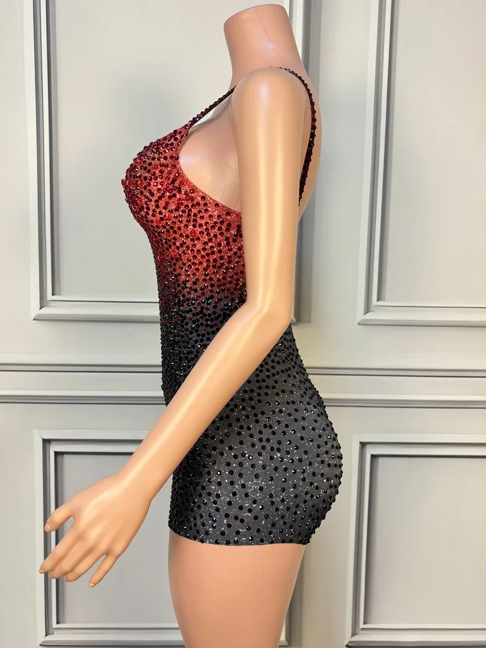 Customized Sparkly Black Red Rhinestones Bodysuit for Women Sexy Sleeveless Nightclub Performance Dance Costume Stage Wear