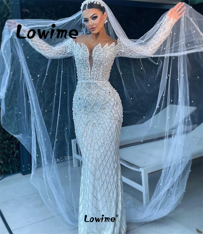 Heavy Beaded Luxury Pearls Mermaid Wedding Dresses 2024 Off Shoulder Arabic Bridal Gowns Crystal Custom Made Wedding Bride Dress