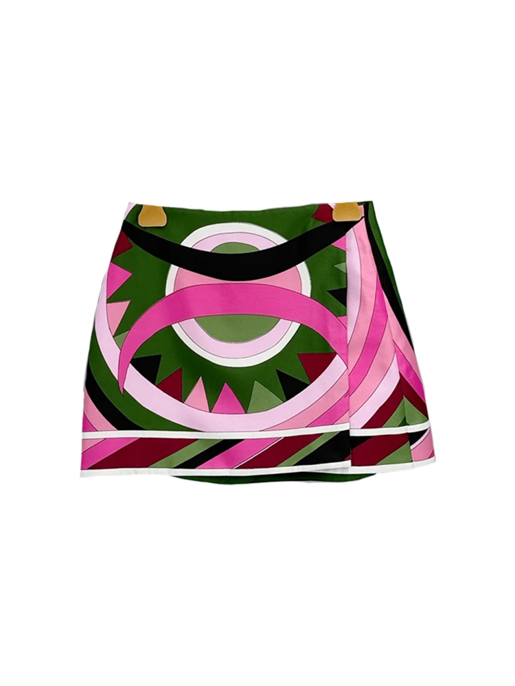 Summer Fashion Beach Geometric Print High Quality Real Silk A-Line Mini Skirt Women's Buckle Strap Middle Waist Short Skirt
