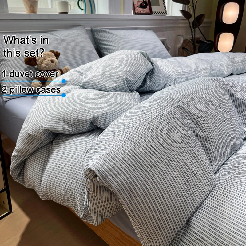 Duvet Cover Set, Soft Breathable Light‑Blue Thin‑Stripe Bedding with 2 Pillowcases, Wrinkle‑Resistant, Fade‑Proof, Easy‑Care