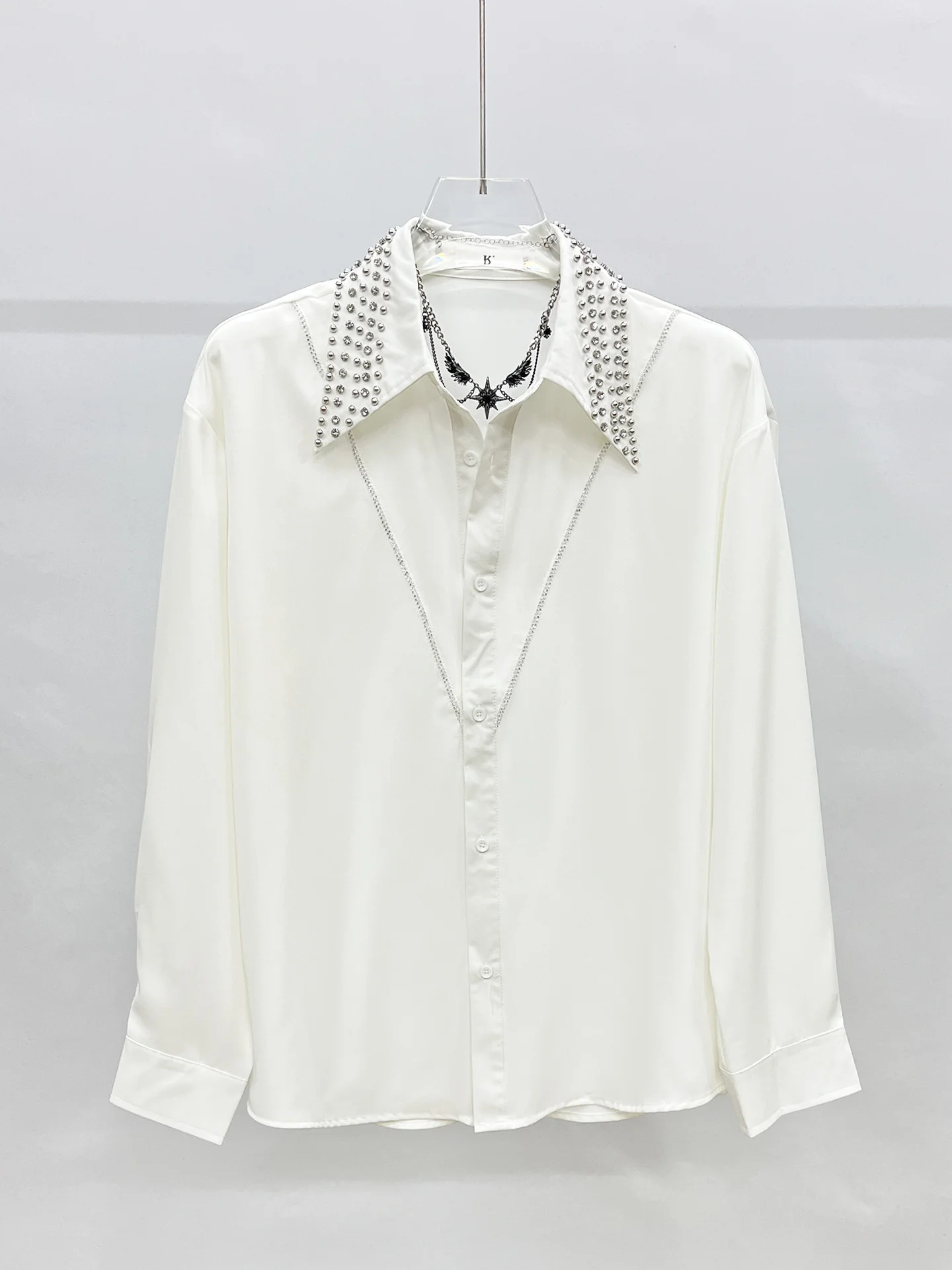 Men's 2025 Autumn New Trendy Loose Stylish Shirts Fashion Beaded Rhinestone Chic Shirts Male Handsome Solid Color Sparkling Tops