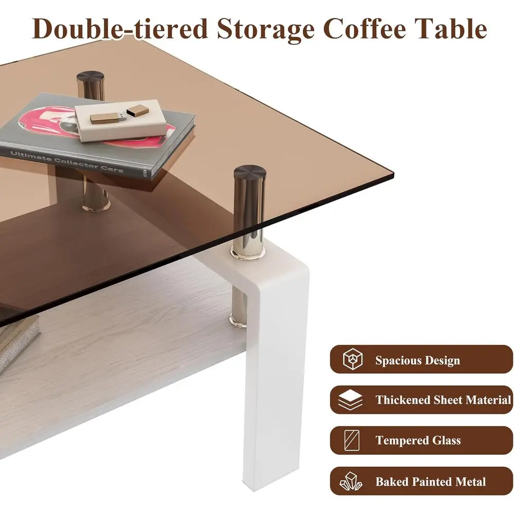 Rectangular Brown Glass Coffee Table with White MDF Base for Living Room and Office Use
