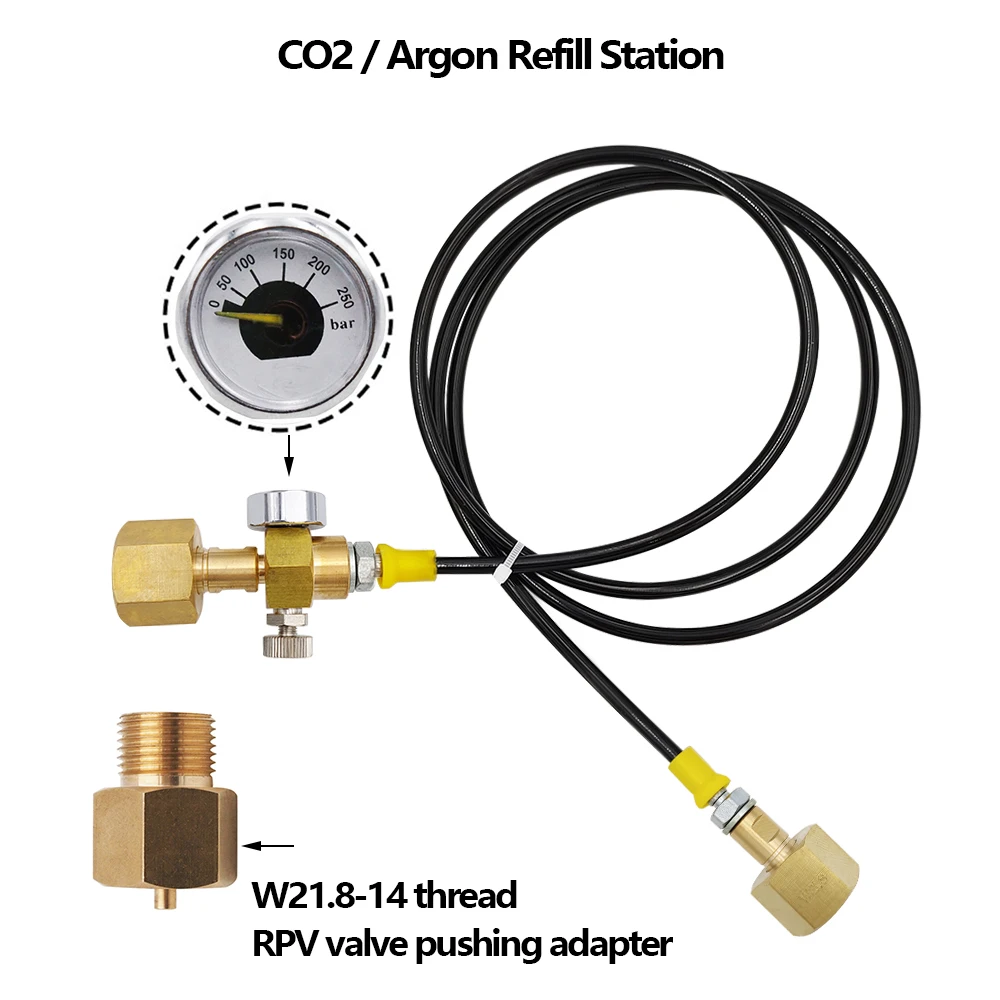 Soda Argon/CO2 Tank Refill Station Charge Transfer for Residual Pressure Valve,1.5m 5ft Hose W21.8-14 DIN477 250bar Gauge