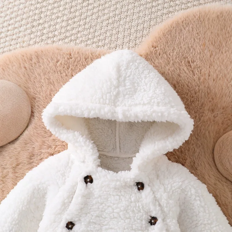 Unisex Newborn White Fleece Romper Button Front Pocket Hooded One Piece Infant Toddler Warm Bodysuit Jumpsuit Outfit
