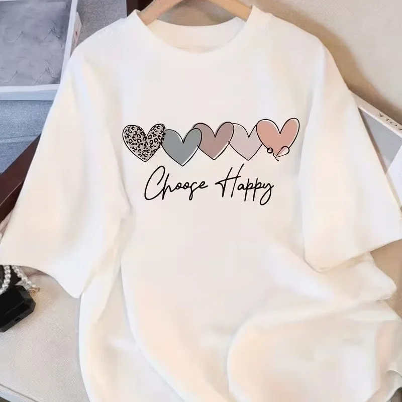 Cheap Minimalist Choose Happy Hearts T-Shirt Inspirational Quote Leopard Print Tee Loose Fit Crewneck Streetwear Top for Women