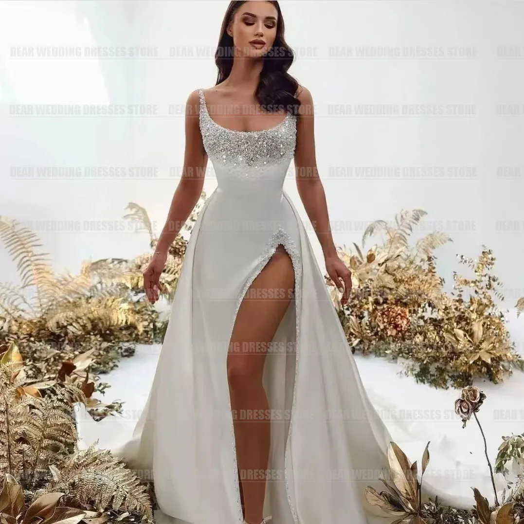 Elegante Vestido de novia brillante 2 en 1 para mujer, abertura lateral Sexy, cuello de barco, sirena, perla, Princesa, vestidos de novia de fiesta formales