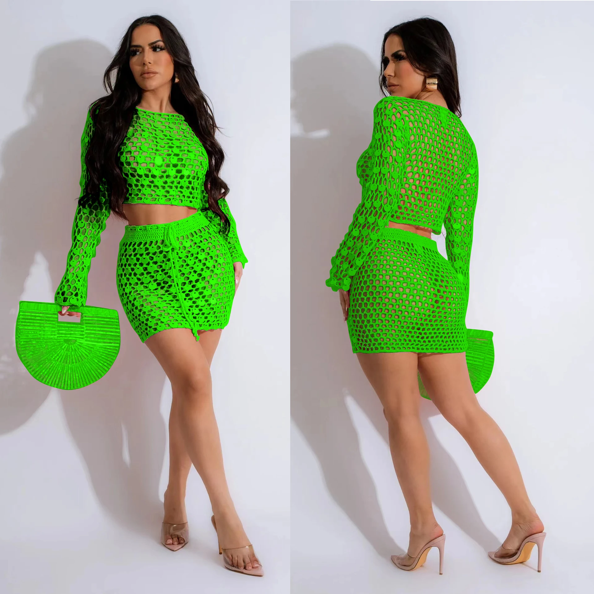 Knitted Sweater Dress Two Piece Skirt Sets 2024 Summer Women Clothes Sexy Crop Tops Sequin Elegant Knit Dress 2 Piece Set Outfit